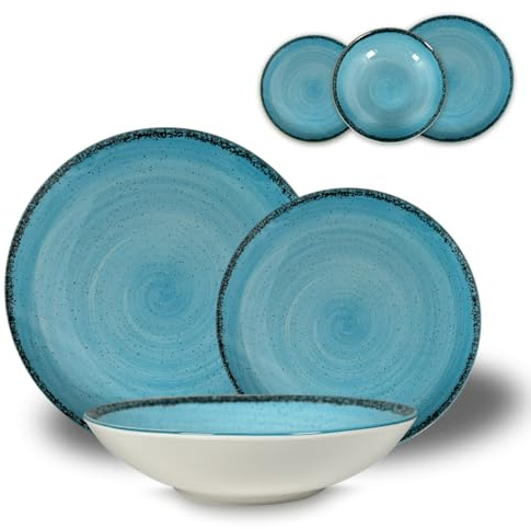 ARCA, Set 18 Piatti Coordinati Pepper in Porcellana Decorata, Servizio per 6 Persone, con Piatti Fondi, Piani e da Dessert, Moderni e Colorati, Lavabili in Lavastoviglie, Colore Blu