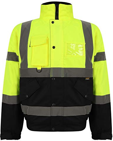 Hi Vis High Visibility Safety Security Reflective Protective Waterproof, Windproof Padded Workwear Bomber Jacket Coat With Concealed Hood Yellow Navy XXL