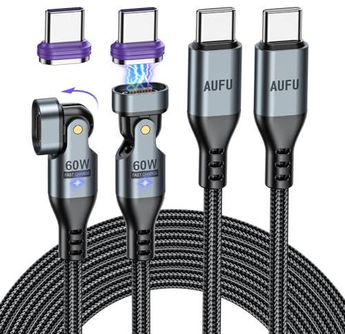AUFU 60W Ladekabel Magntisch USB C, 16 PIN USB C Magnet Ladekabel [2Stück 2M], Kabel Magnetisch 20V/3A Schnelllade und Datenübertragungs Magnetisches 180° Drehbar für Phone 16 15/Galaxy Samsung S23