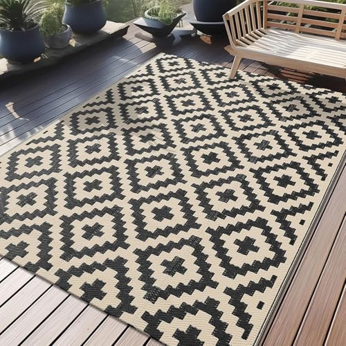 Alfombra de Plástico Exteriores 120x180cm, Alfombra Terraza Exterior Impermeable & Resistente a Los Rayos UV Alfombra Reversible para Exteriores, Jardin, Balcón, Playa(Black+Beige)
