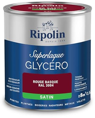 RIPOLIN Boiseries et Structures Métalliques Rouge Basque Ral 3004 0,5 L | Tendu, Résistance Accrue, Très Lessivable, Résistance aux Taches, Finition Satin, Intérieur/Extérieur, Satin