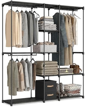 Relaxdays Garderob, öppen garderob, hyllor och klädhängare, klädställ, flexibelt plug-in-system, svart
