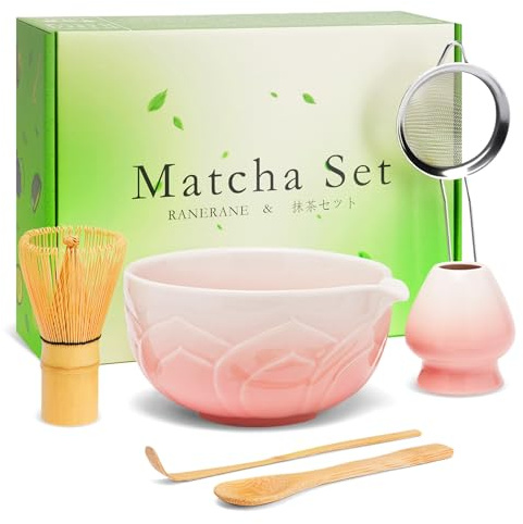 RANERANE Matcha Whisk Set, Lotus Gradient Pink Ceramic Matcha Set Includes Matcha Bowl, Matcha Whisk (Chasen) and Holder, Sifter, Bamboo Scoop & Spoon - 6 Pcs Matcha Kit for Matcha Lovers