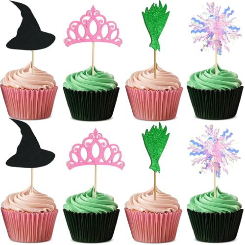 24 Stück Hexe Thema Tortendeko, Hexenhut Tortendeko, Hexe Thema Cupcake Toppers, Cupcake-Picks, Silberne Krone, Dekorationen für Halloween Dekoration Geburtstag Party Zubehör