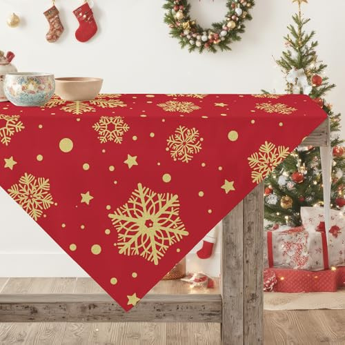 Rot Gold Weihnachten Schneeflocken Tischdecke 85x85 cm Urlaub Party Weihnachtstisch Deko Tischwäsche Dekor Saisonnal Winter Küche Tisch Dekoration Drinnen Urlaub Party Tischtuch
