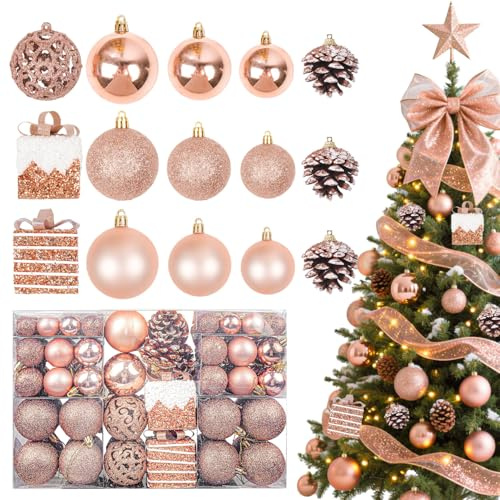 OIOYCLG Weihnachtskugeln 101stück Kunstoff Christbaumkugeln Set, Christbaumkugeln Roségold Matt, Glänzend, Glitzernd mit Tannenzapfen Weihnachtsbänder für Weihnachtsbaum Deko Party, Haus Dekoration