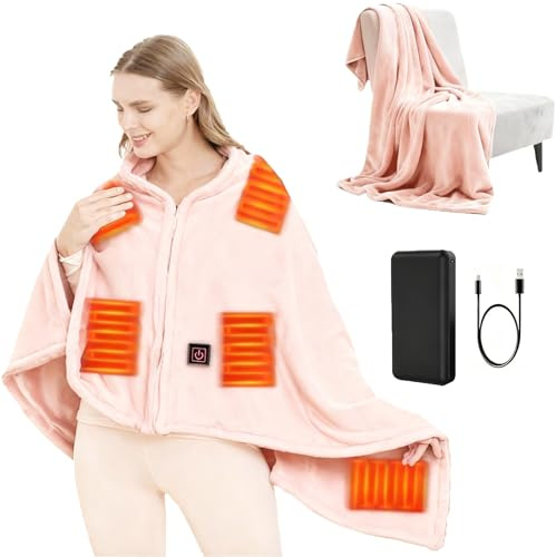 USB Heizdecke mit 10000mAh Akku, 150 x 80 cm Kabellos Heated Blanket, 3 Temperatursstufen, Flanell Einzelperson Electric Blanket Shawl, Wärmedecke für Büro Mittagspause, Outdoor-Reisen