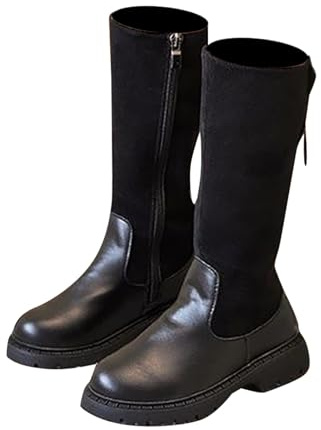 Botas de invierno para niñas, botas altas de cuero impermeables, con forro térmico, suela antideslizante, botas largas de princesa con lazo para la escuela, zapatos cómodos para niños, 05 Negro, 27 EU
