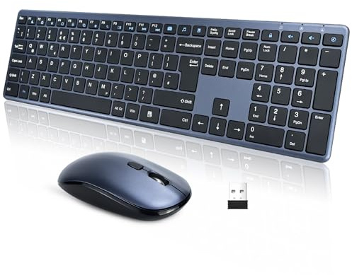 Ultra Slim Wireless Keyboard and Mouse Set,2.4G USB Quiet Full Size Matte Computer Keyboard Combo with QWERTY UK Layout,19 Multimedia Key,Long Battery Life for Desktop,Laptop,Smart TV,MAC,Windows