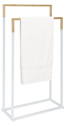 Porte-Serviettes Relaxdays, H x L x P : 86 x 44 x 21 cm, métal, Bambou, 2 Barres, sur Pied, Blanc/Nature