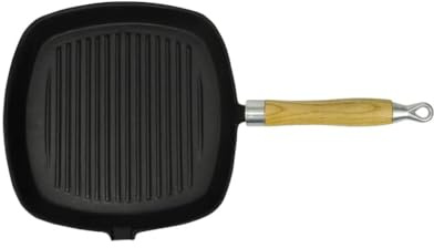 Poêle À Griller En Fonte 20 x 20 Cm, Avec Manche En Bois, Pré-Culottée, Poele Grill Fonte, Grill Viande, Compatible Tous Feux, Noir