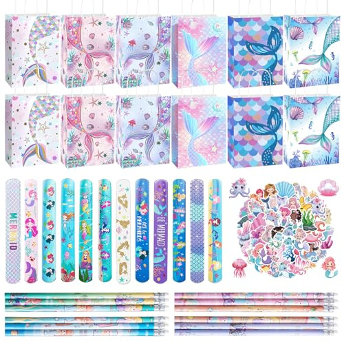 Meerjungfrau Schulsachen Set - 86 Pcs Meerjungfrau Kindergeburtstag Party Geschenke Set mit Papier Tüten, Bleistiften, Armbändern & Stickern, Meerjungfrauparty Mitgebsel für Mädchen Geburtstag