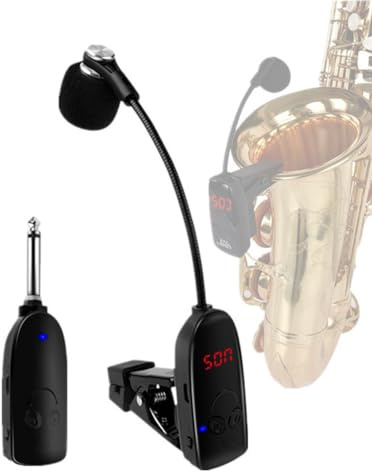 NiuLumea UHF - Sistema de micrófono inalámbrico para instrumentos, manguera ajustable de alta dureza, clip antideslizante de metal, para saxofón, trompeta, trombón, color negro