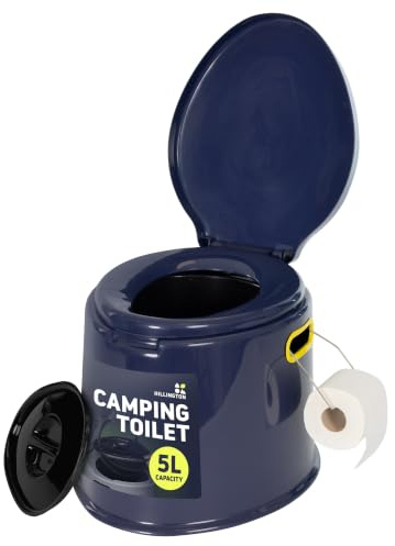 Hillington 5L Camping Toilet with Lid - Compact Portable Toilet for Adults with Removable Bucket, Paper Holder, Carry Handles - Lightweight Portable Camping Toilet for Outdoor, Travel Toilet (Blue)