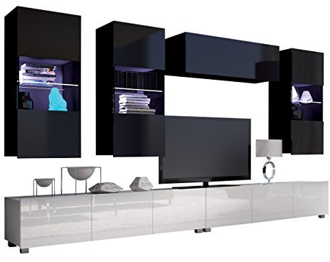Moderne Wohnwand Calabrini V, Anbauwand, Mediawand, TV Lowboard, Hängevitrine, Wandregal, Fernsehschrank (mit weißer LED Beleuchtung, Schwarz + Schwarz Hochglanz/Weiß + Weiß Hochglanz)