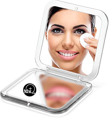 OMIRO Taschenspiegel mit Vergrößerung, 10-fache Vergrößerung, Kleiner Reise-Spiegel für Handtaschen, quadratisch, 8,9 cm (Silber)
