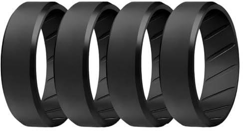 ROQ Silicone Rubber Wedding Ring for Men, Comfort Fit, Men's Wedding Band, Breathable Rubber Engagement Band, 8mm Wide 2mm Thick, Beveled Edge, 4 Pack, Black, Size 13
