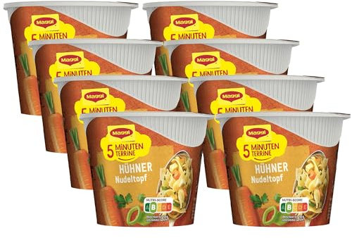 Maggi 5 Minuten Terrine Hühner Nudeltopf, leckeres Fertiggericht, Instant-Nudeln, mit Huhn, 8er Pack (8 x 41g)