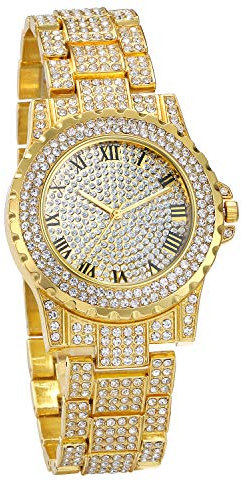 JewelryWe Armbanduhr Herren Damen mit Strass Römanischen Zifferblatt Metallarmband, Quarz Analog Uhr Muttertag Gold