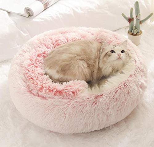 Weiches Plüsch-Haustierbett für Hunde und Katzen, Sofa, rund, halbgeschlossen, für Welpen, Kätzchen, Hundehütte, rutschfest, klein, mittelgroß, warmes Nest für Herbst und Winter, Rosa