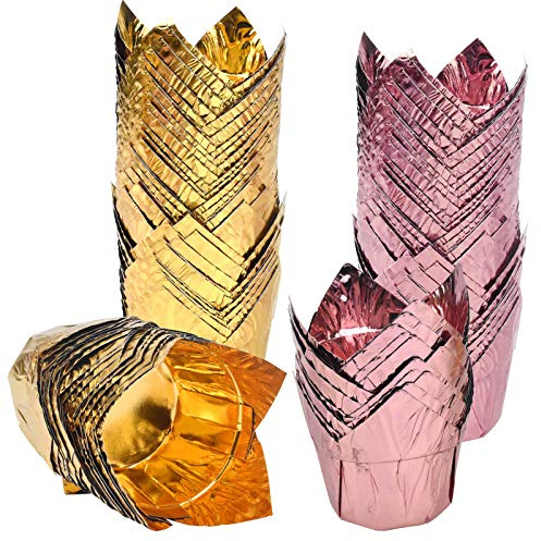 HQdeal Moldes para Magdalenas, 100 Piezas Oro y Oro Rosa Tazas de de Papel de Aluminio de Magdalenas, capsulas Muffins,Magdalenas Tulip Envuelve, Moldes Papel Copa de Horneado para Boda y Cumpleaños
