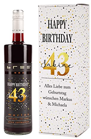 BREE Weinflasche (1 x 0.75 l) Geburtstagswein personalisiert mit Namen und Alter (merlot, Flasche + Verpackung)