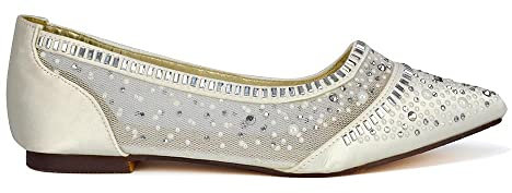 ESSEX GLAM Womens Flat Bridal Shoes Ladies Slip On Pointed Toe Sparkly Diamante Bridesmaid Wedding Pumps Size 3-8 Ivory Satin