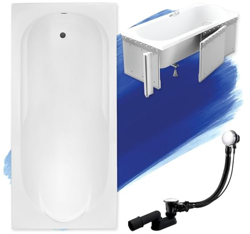 BADLAND Badewanne Original Weiß Acryl Wanne Rechteck BONA 140x70 KOMPLETTSET SET mit Premium Styroporverkleidung + Füßen und Exklusive Chrom Automatik Ablaufgarnitur Made in EU 4in1