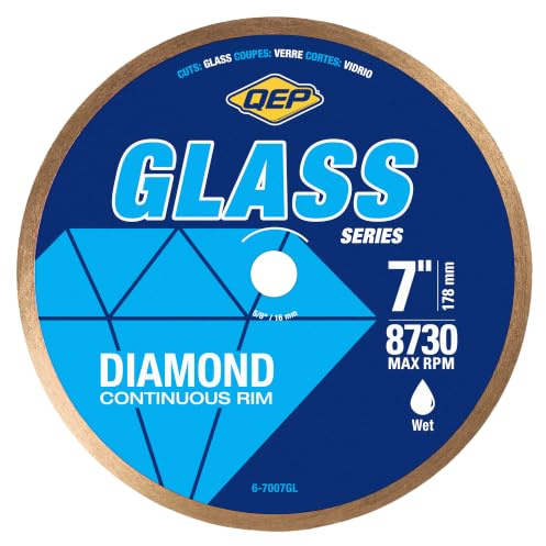 QEP 6-7007GL 7-Inch Continuous Rim Glass Tile Diamond Blade, 7mm Rim Height, 5/8-Inch Arbor, Wet Cutting, 8730 Max RPM