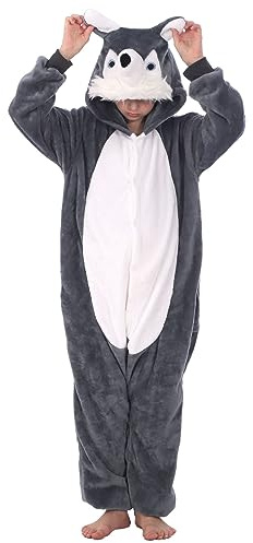LOBUJOU Animal Hooded Costume for Kids Boys Girls Flannel Onesie Halloween Cosplay One Piece Husky 130