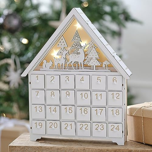 Ginger Ray Calendario de Adviento de madera blanca y dorada con luz para decoración de chimenea
