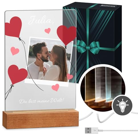 Maverton beleuchteter LED-Rahmen mit eigenem Foto - personalisiertes Acrylglasbild mit Holzständer mit LED-Beleuchtung - Glasfoto für Frauen zum Geburtstag - Größe: 15x24x4,5cm - Herzen