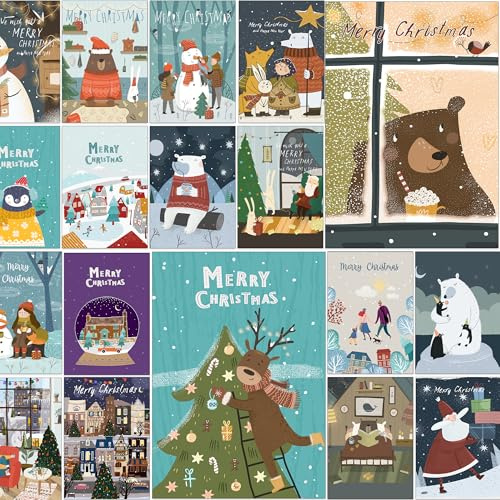 Bear and Bee 30 divertenti biglietti di Natale in inglese - 30 diversi disegni con buste marroni in carta kraft riciclata