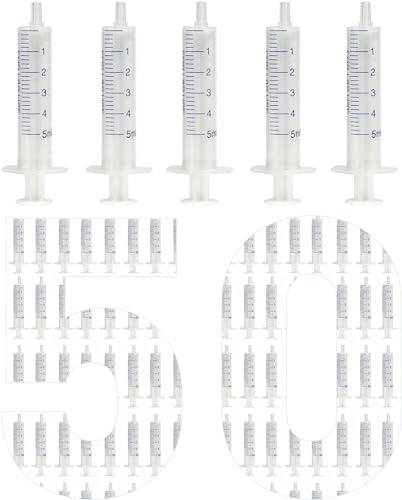 50 Pezzi Siringhe 5mL, Siringhe da Laboratorio in Plastica Senza Ago, Siringa di Alimentazione, Siringa per Liquidi, Adatta per Laboratori Scientifici, Misurazione, Versamento