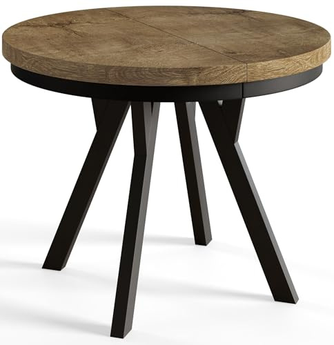 AlpiMeble Esstisch Ausziehbar Evo, Stabile Konstruktion, 120-220cm, Lefaks | Runder Tish, Moderner Wohnzimmertisch und Küchentisch, Schwarze Beine