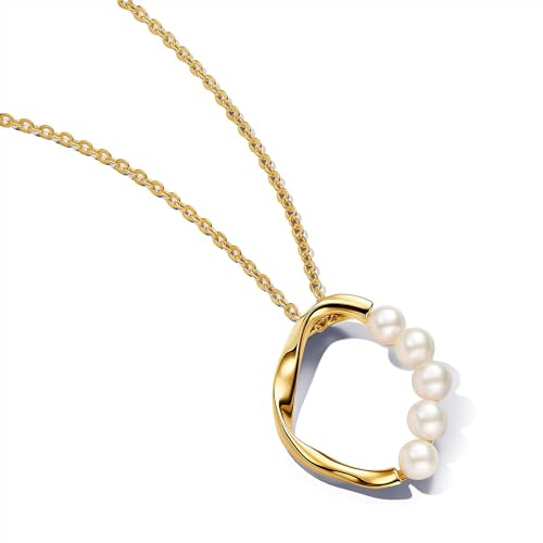 PANDORA Essence Organisch Geformter Kreis & Behandelte Süßwasserzuchtperlen Anhänger-Halskette aus Sterling Silber mit vergoldeter Metalllegierung, Größe 60cm, 363254C01-60