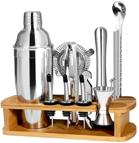 CasaCulina Cocktail Shaker Set Mixology Bartender Kit with Stand, 17 Piece Bar Tool Set: Martini Shaker, Jigger, Strainer, Mixer Spoon, Muddler, Liquor Pourers for Drink Mixing Bartending Kit(Silver)