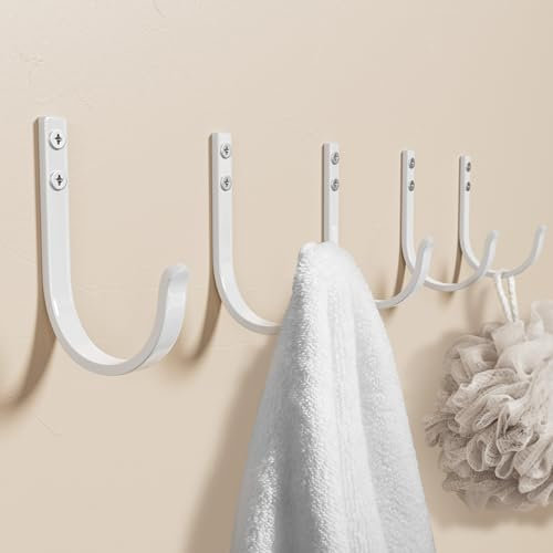 Josmimic Wall Hooks for Towel/Coat - 22LB Heavy Duty Metal Hanger Wall Mount, for Outdoor, Closet, Door, Shelf, Bathroom, for Backpack, Cup, Clothes, Mug, White Matte 5 Pack, Screws Included