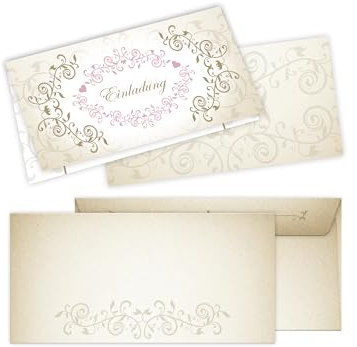 10 Einladungskarten mit 10 Kuverts für Hochzeit, Standesamt, Geburtstag, Konfirmation, Kommunion, Taufe, Geburtstag, Jubiläum. Klappkarten 21 x 10,5 cm. Luxuriöse florale Ornamente gold creme