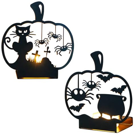 Halloween Deko Kerzenhalter, Halloween Metall Teelichthalter, Kerzenständer Schwarz Metall Retro mit Kürbis Spinne Fledermaus Hexenkessel Motiven, Metall Kerzenhalter für Horror Halloween Party Deko