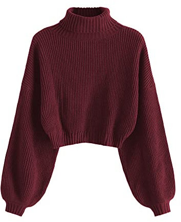 ZAFUL Women's Cropped Turtleneck Sweater Lantern Sleeve Ribbed Knit Pullover Sweater Jumper (2-Wine Red, Medium)