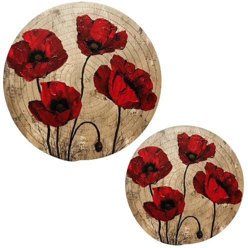 Ornamental Woven Kitchen Set of 2 Potholders Trivets, Vintage Red Poppy Flowers Hot Mats Coasters Placemats for Cooking Baking Hot Dish Pan Pot Bowl Teapot(7&9 Inches Diameter)