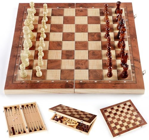 Anttyscar 3 in 1 Chess Sets Folding Travelling Wooden Chess Board Set, Portable Game International Chess Chess Kit Cardboard Games for Kids, Adults, Boys, Girls, Family (24x24cm)