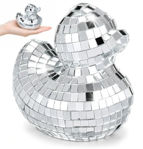 Cabilock Silver Mirror Disco Ball Duck Ornament, Reflective Glass Desktop Decoration Photo props Home Decor for Party, Wedding, Dance, Events