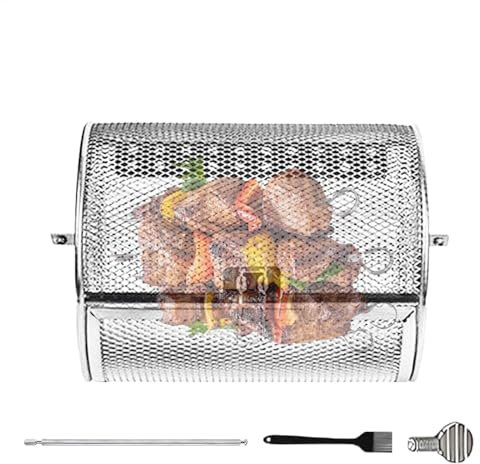 Nestendes Rollendes Grillkorb Set Mit Holzgriff, Rolling Grilling Basket, Grillnetzrohr Für Den Außengrill, Grillkorb Für Drehspieß Erdnuss Bohnen Pommes Frites Drehspiess Korb Grillzubehör