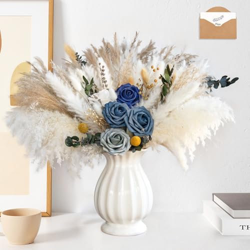 100 Stück Pampasgras mit Vase, Fleurs artificielles Dans Un Vase, Pampas Marron, Centre de Table à Manger, Chambre, Anniversaires, Décoration de Maison (Blau)