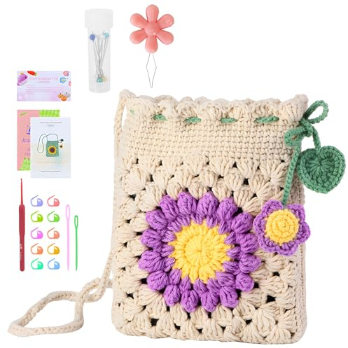 OurLeeme Häkelset für Anfänger, DIY Sonnenblumentasche, Häkelset mit Video-Tutorial Häkelgeschenke für Häkelliebhaber, Häkel-Starter-Kit für Kinder und Erwachsene, Geburtstagsgeschenk