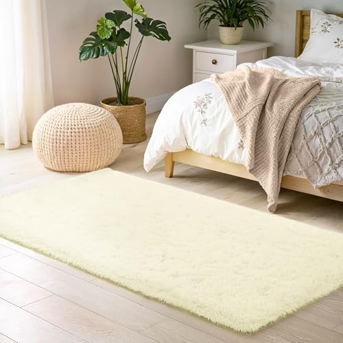 BEIMO Tapis de Salon Shaggy Tapis Chambre Moderne à Poils Longs et Moelleux, Grand Doux Tapis de Sol Pelucheux Dessous Antidérapant, Blanc Crème, 80x150cm