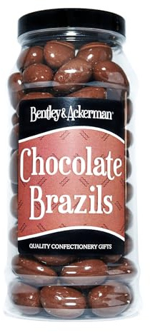 Chocolate Brazil Nuts - (600g) Original Chocolate Covered Brazil Nuts in a Gift Jar by Bentley & Ackerman's Sweet shop.