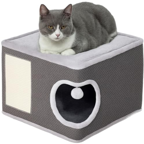PawHut Arbre à Chat avec Plate-Forme Supérieure, 2 Coussins et Balle de Jeu, Tour Griffer Chat en Peluche et Sisal, 45 x 45 x 35 cm, Gris Anthracite